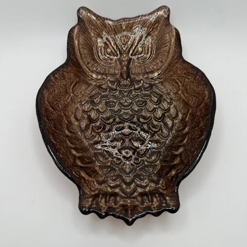 Vintage Owl Glass Dish Trinket‎ Candy Tray Brown Metallic Shimmer Accent Decor